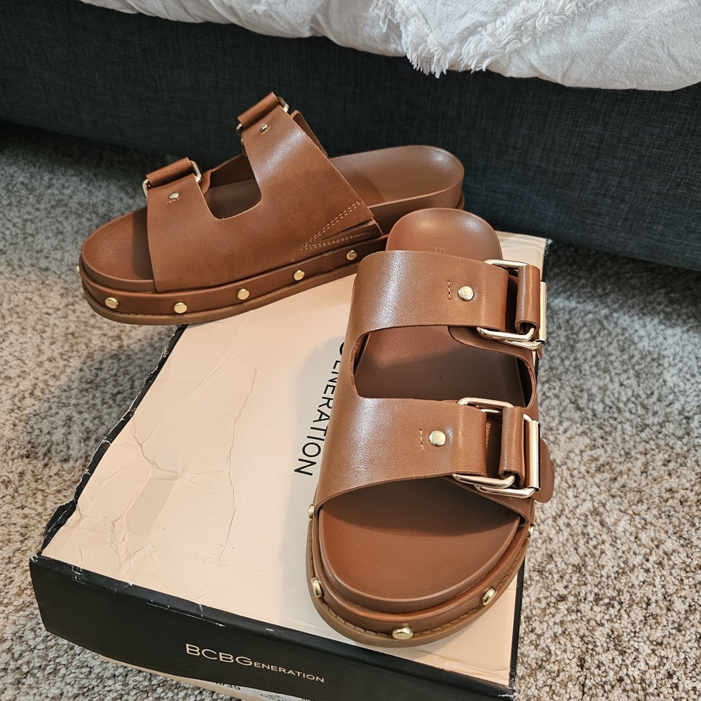 BCBGeneration Brown Slide Sandals with Buckles